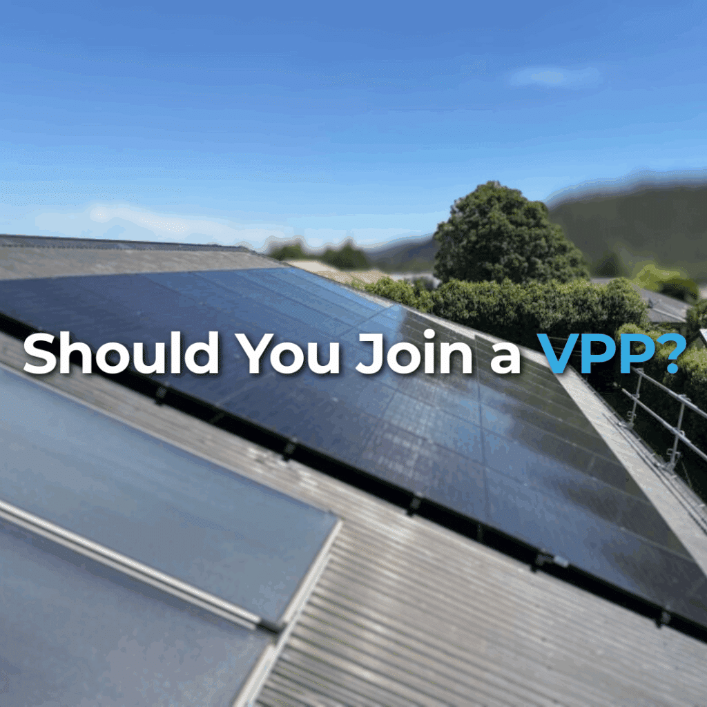 A rooftop with solar panels under a clear sky, featuring the text "Should You Join a VPP?" in bold white and blue letters.