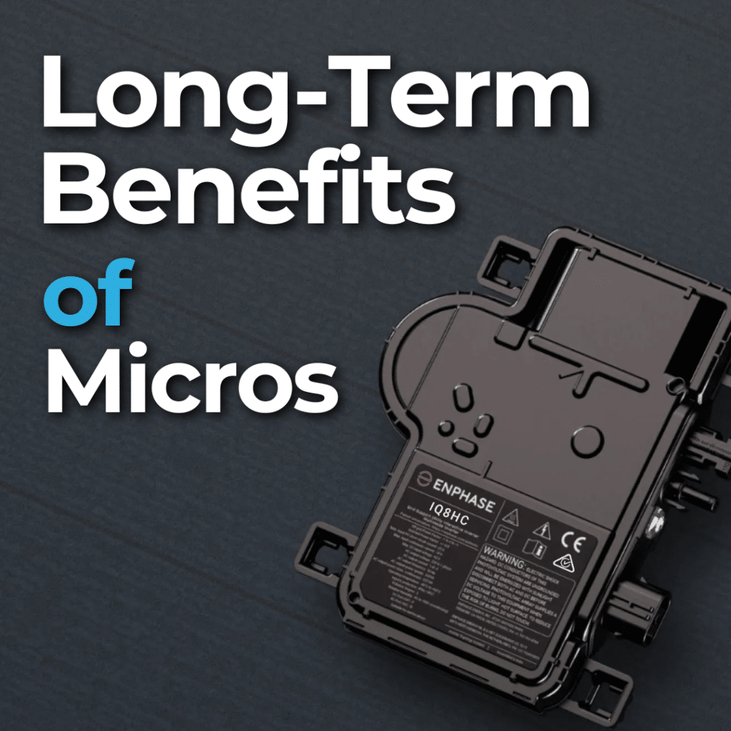 Image of an Enphase microinverter on a dark background, with the text "Long-Term Benefits of Micros" above.