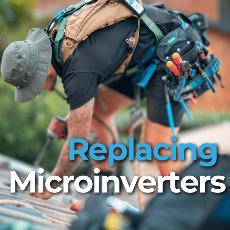 A worker with tools replaces microinverters on a rooftop, wearing a hat and tool belt. Text reads, "Replacing Microinverters.