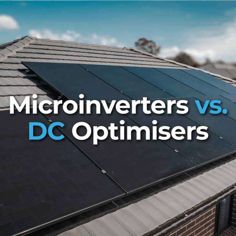 Solar panels installed on a tiled residential roof with the text "Microinverters vs. DC Optimisers" overlaid on the image.
