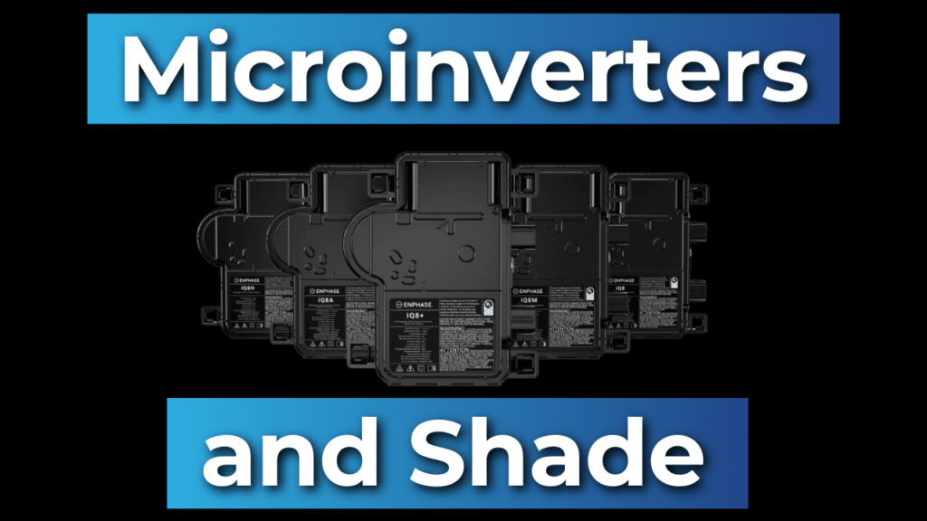 Microinverters displayed in a row, with text above and below reading "Microinverters" and "and Shade" on a blue gradient background.