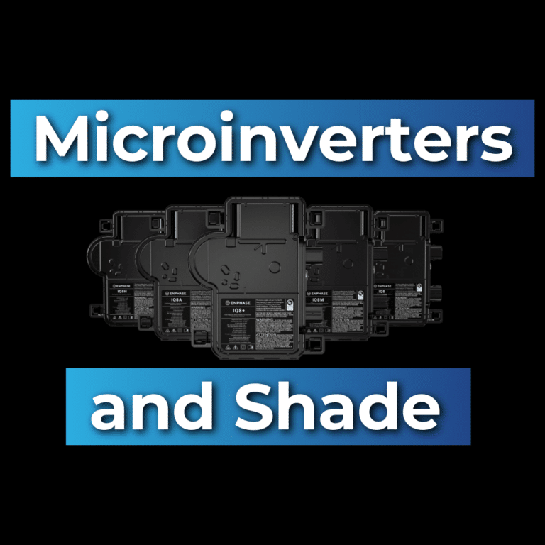 Graphic showing several microinverters with the text "Microinverters and Shade" on a blue gradient background.