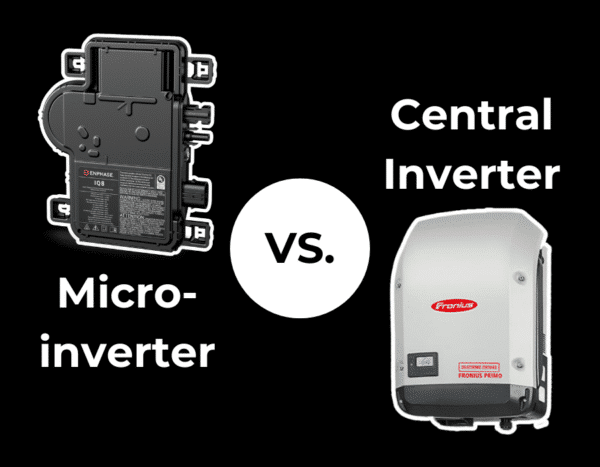 Comparison of a black micro-inverter and a white central inverter, labeled with "Micro-inverter" and "Central Inverter" respectively, divided by "vs." in the center.