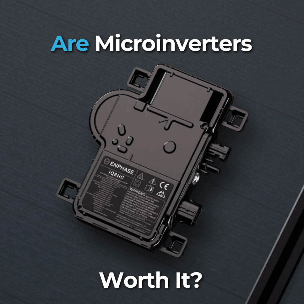 A microinverter on a dark surface with the text "Are Microinverters Worth It?" in blue and white.