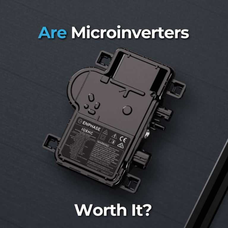 A microinverter on a dark surface with the text "Are Microinverters Worth It?" in blue and white.