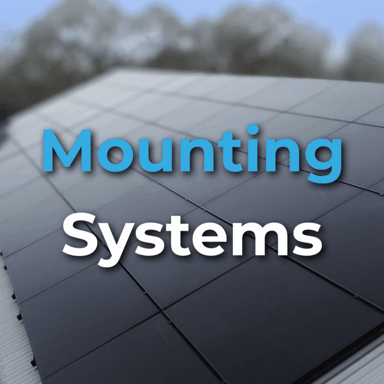 A close-up view of solar panels installed on a rooftop with the words "Mounting Systems" overlaid on the image. Trees are visible in the blurred background.