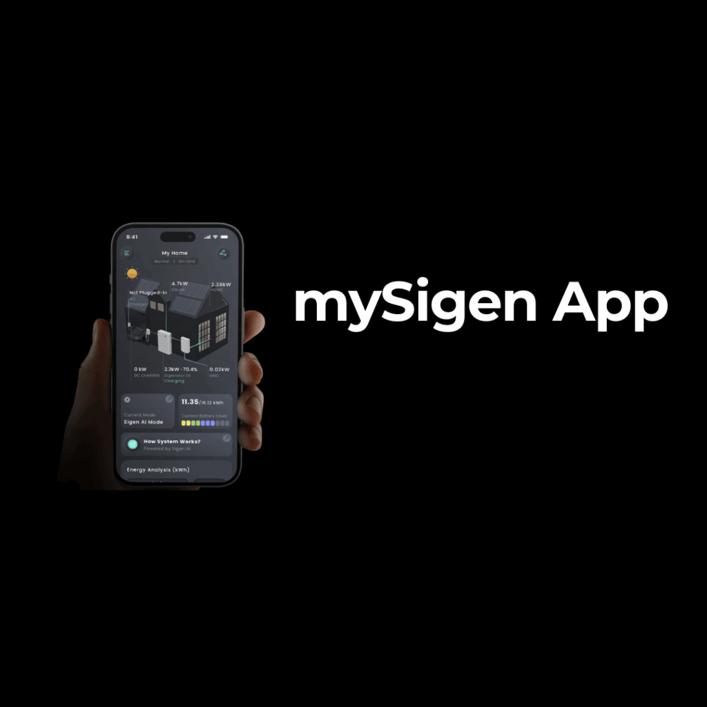 A hand holds a smartphone displaying an energy monitoring interface, next to the text "mySigen App" on a black background.