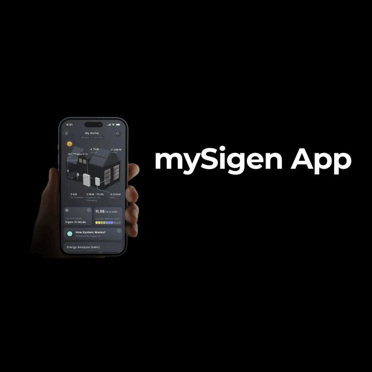 A hand holds a smartphone displaying an energy monitoring interface, next to the text "mySigen App" on a black background.