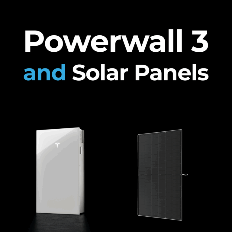 A Tesla Powerwall 3 battery and a solar panel are displayed side by side on a black background with the text "Powerwall 3 and Solar Panels" above them.
