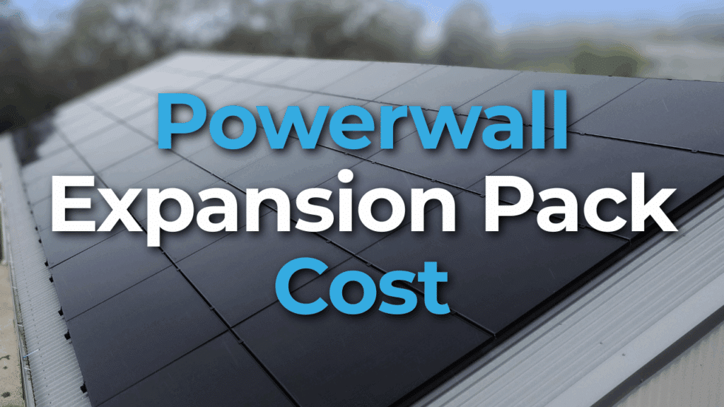 Close-up of rooftop solar panels with the text "Powerwall Expansion Pack Cost" overlaid in bold white and blue letters.