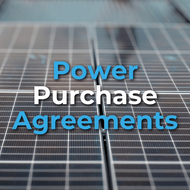 Close-up of solar panels with the text "Power Purchase Agreements" in large letters across the middle.