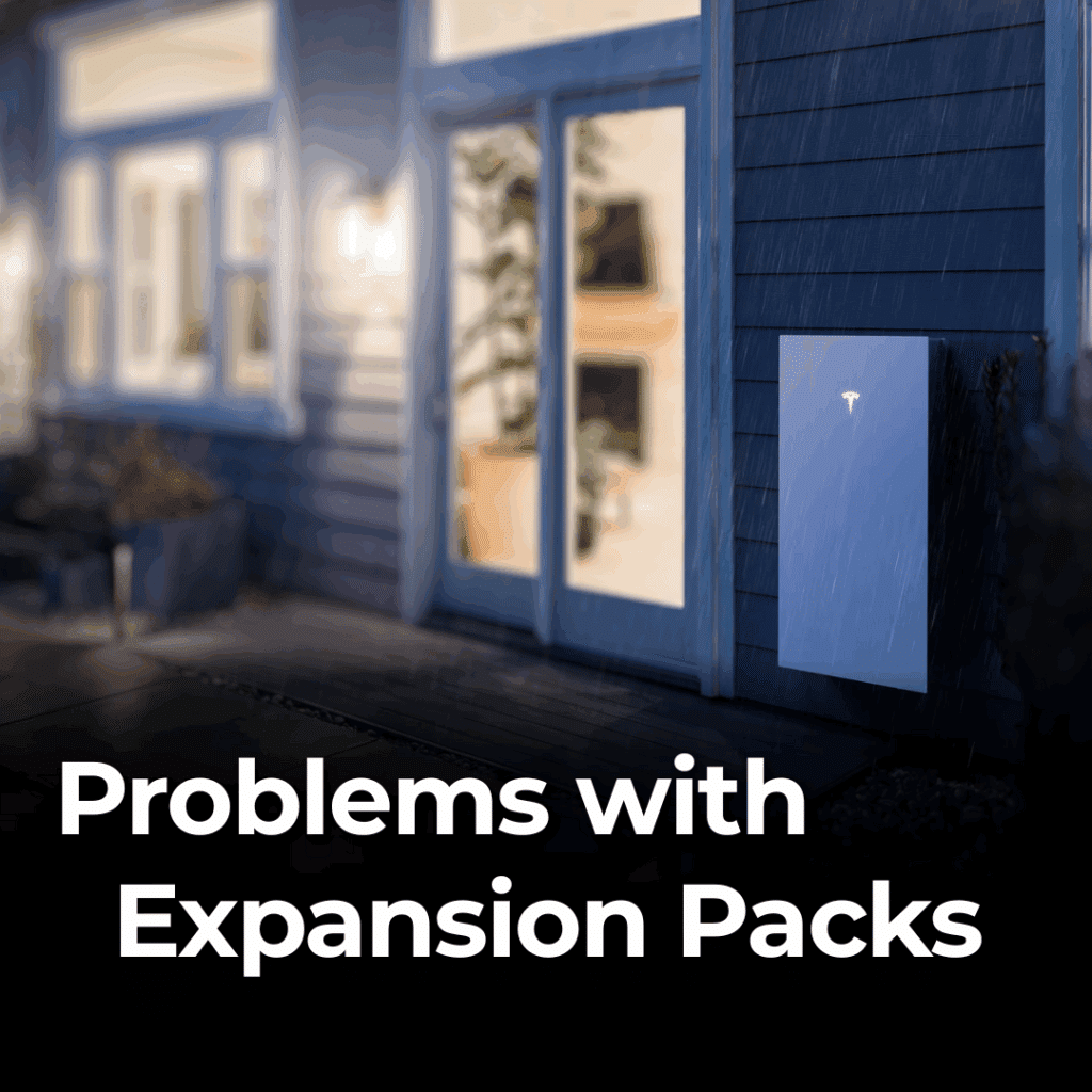 A Tesla Powerwall is mounted outside a house at night in the rain, with the text "Problems with Expansion Packs" displayed at the bottom.