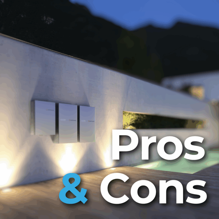 Three battery storage units mounted on an outdoor wall near a modern house at dusk; “Pros & Cons” text in foreground.