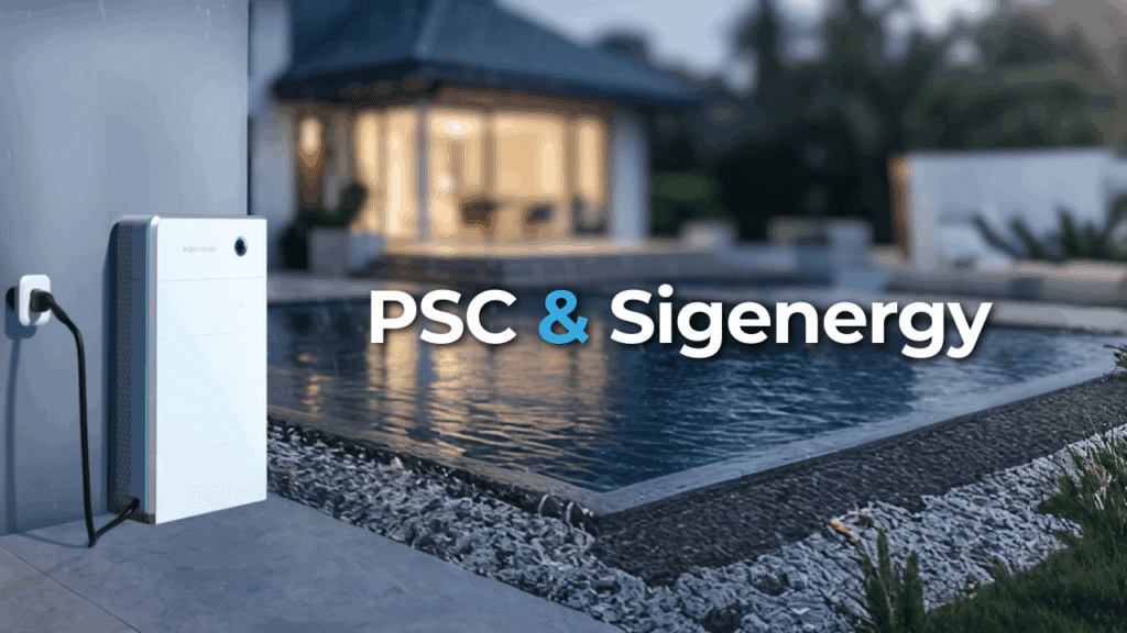 A modern battery storage unit is mounted on an exterior wall near a swimming pool, with the text "PSC & Sigenergy" overlaid on the image.