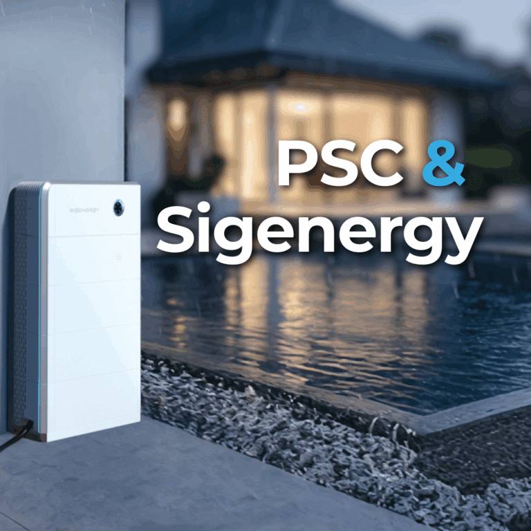 A white Sigenergy energy storage unit is installed outdoors near a modern house with a pool. The text "PSC & Sigenergy" is displayed over the image.