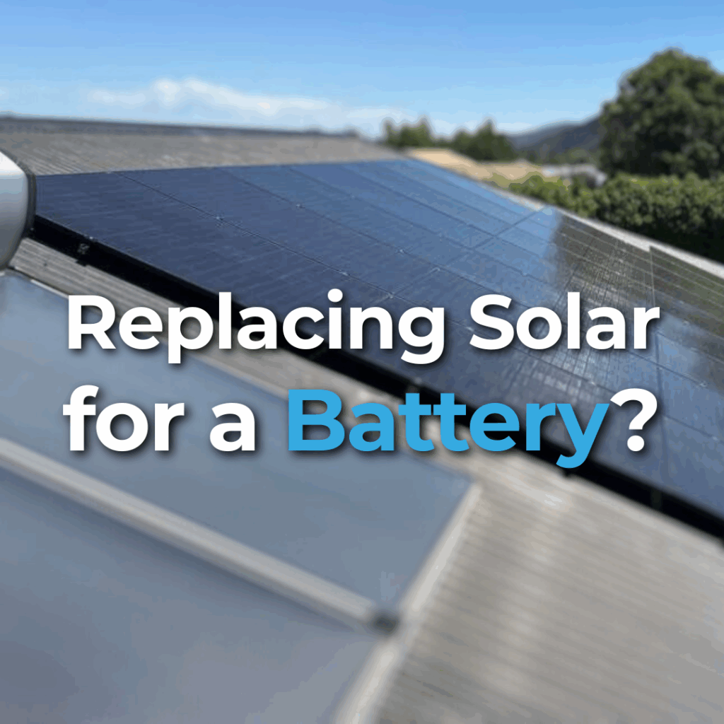 A rooftop with solar panels is shown under a blue sky. Overlaid text reads, “Replacing Solar for a Battery?”.