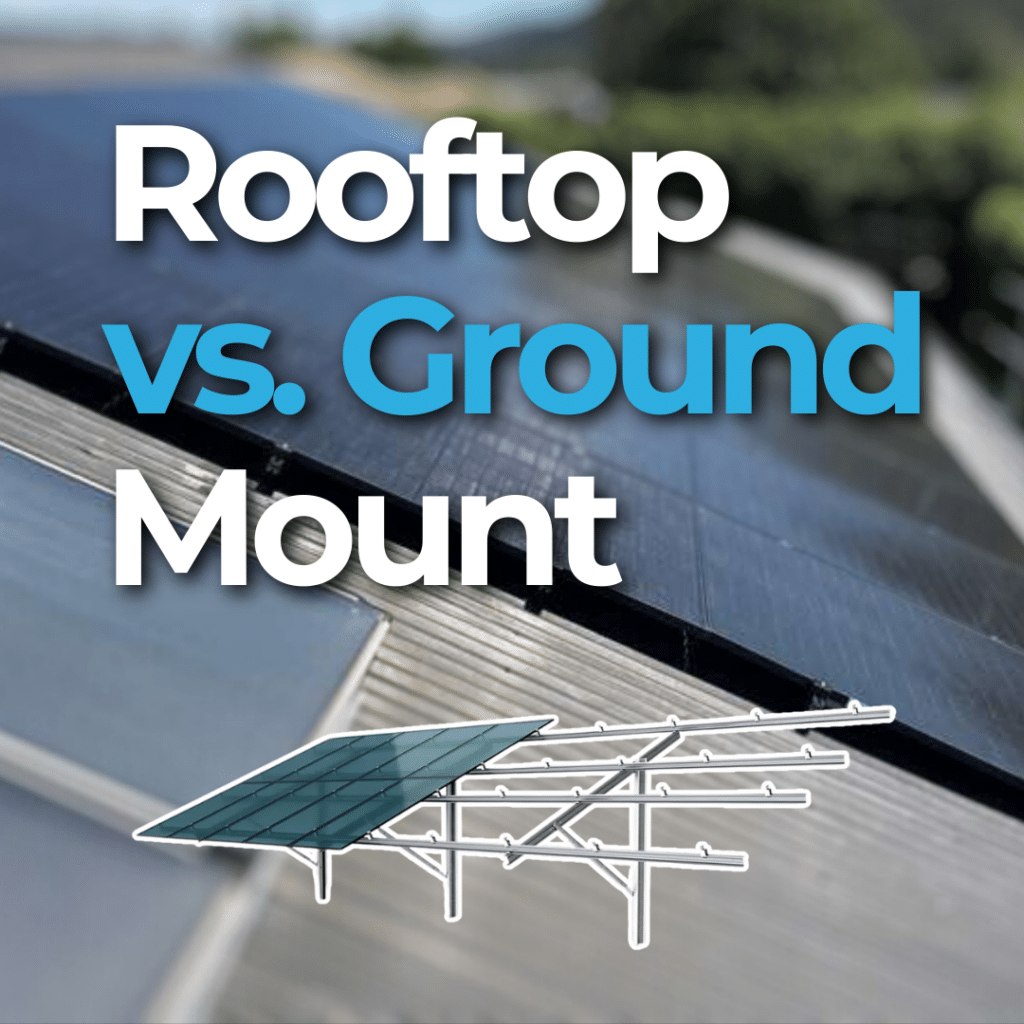 Image comparing rooftop versus ground mount solar panels, with a graphic of solar panels on a roof and a ground mount system, set against a blurred background.