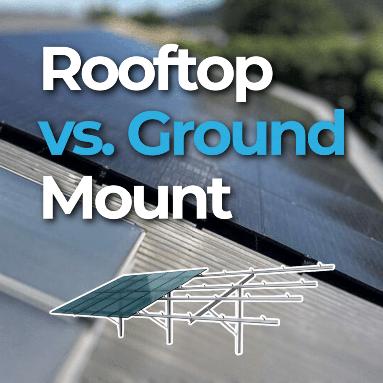 Image comparing rooftop versus ground mount solar panels, with a graphic of solar panels on a roof and a ground mount system, set against a blurred background.