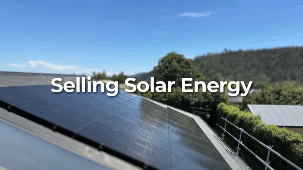 Rooftop solar panels under a clear sky with text “Selling Solar Energy” overlaid in the center.