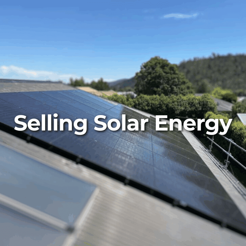 A rooftop with solar panels under a clear blue sky, surrounded by greenery, with the text "Selling Solar Energy" overlaid.