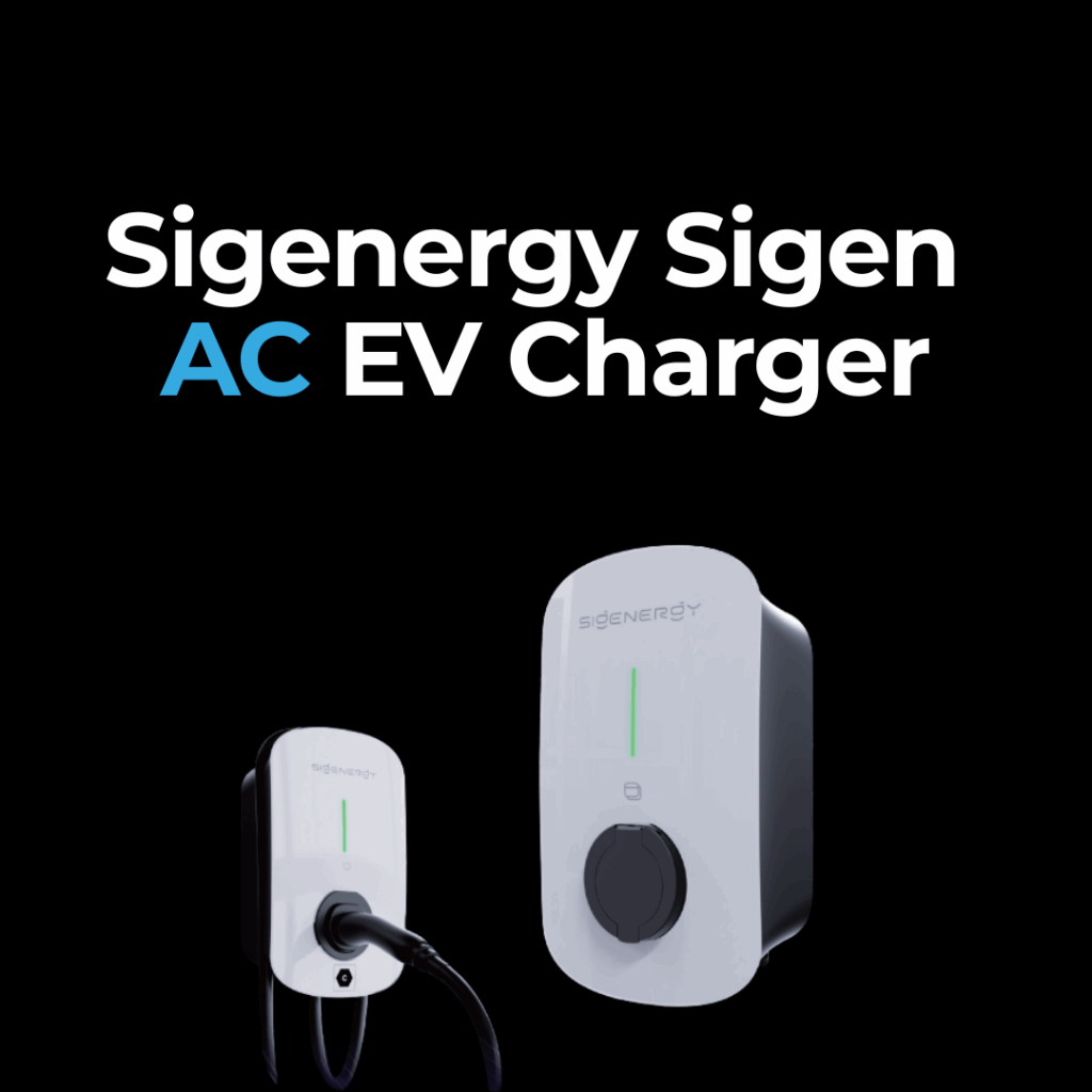 Two Sigenery Sigen AC EV chargers are shown against a black background, one mounted and one with a charging cable connected.