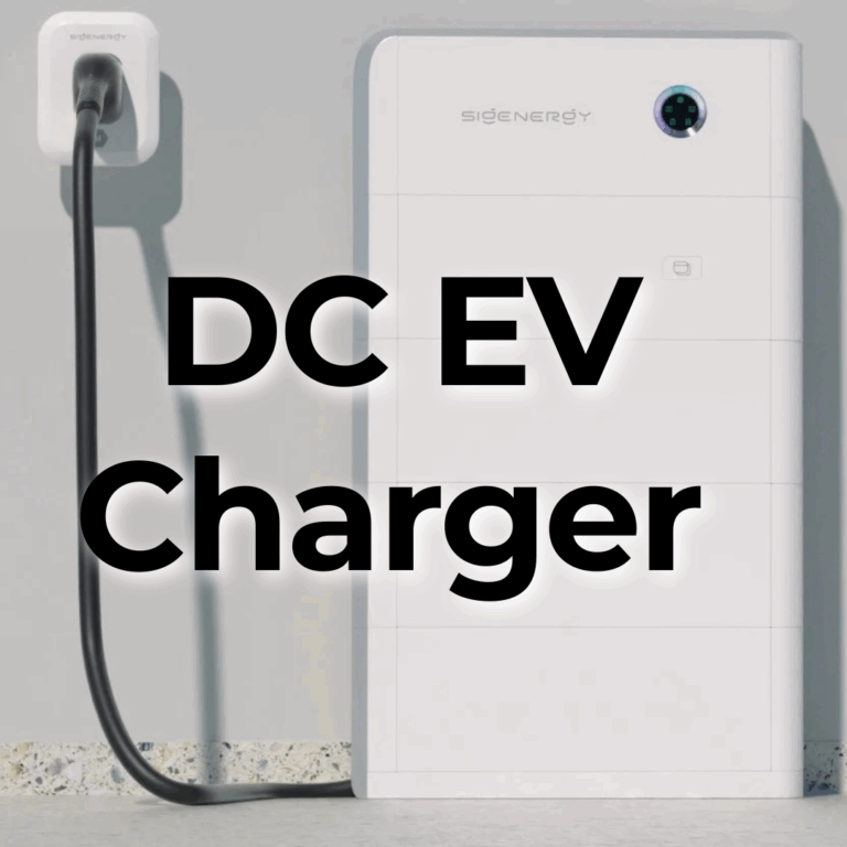 A white DC electric vehicle charger is mounted on a wall, with a charging cable plugged into a port. The text "DC EV Charger" is overlaid in bold black letters.