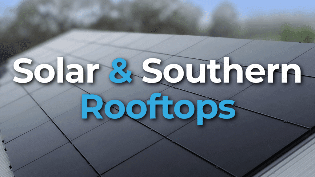Close-up of solar panels installed on a rooftop with the text "Solar & Southern Rooftops" overlaid on the image. Trees and a cloudy sky are blurred in the background.