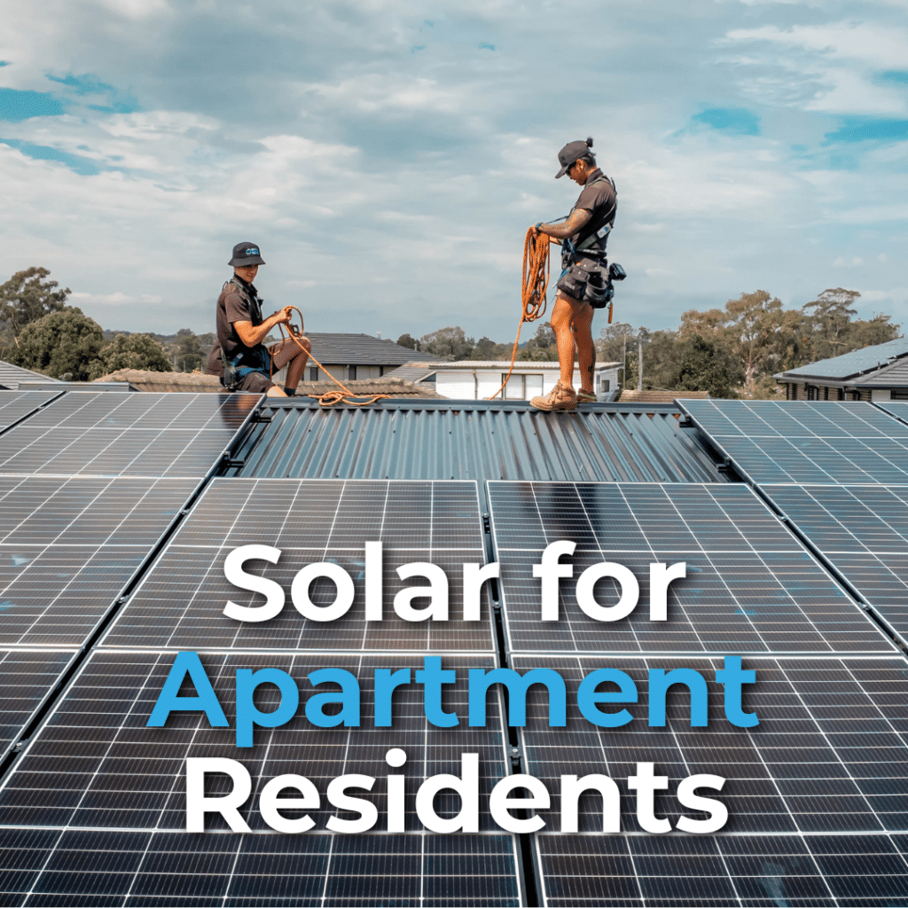 Two workers in safety gear installing solar panels on a roof under a cloudy sky, with text "Solar for Apartment Residents" overlaying the image.