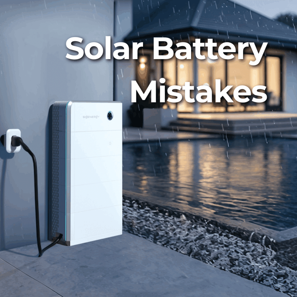 A wall-mounted solar battery is installed outside a modern house with a pool, on a rainy day. Text reads "Solar Battery Mistakes.
