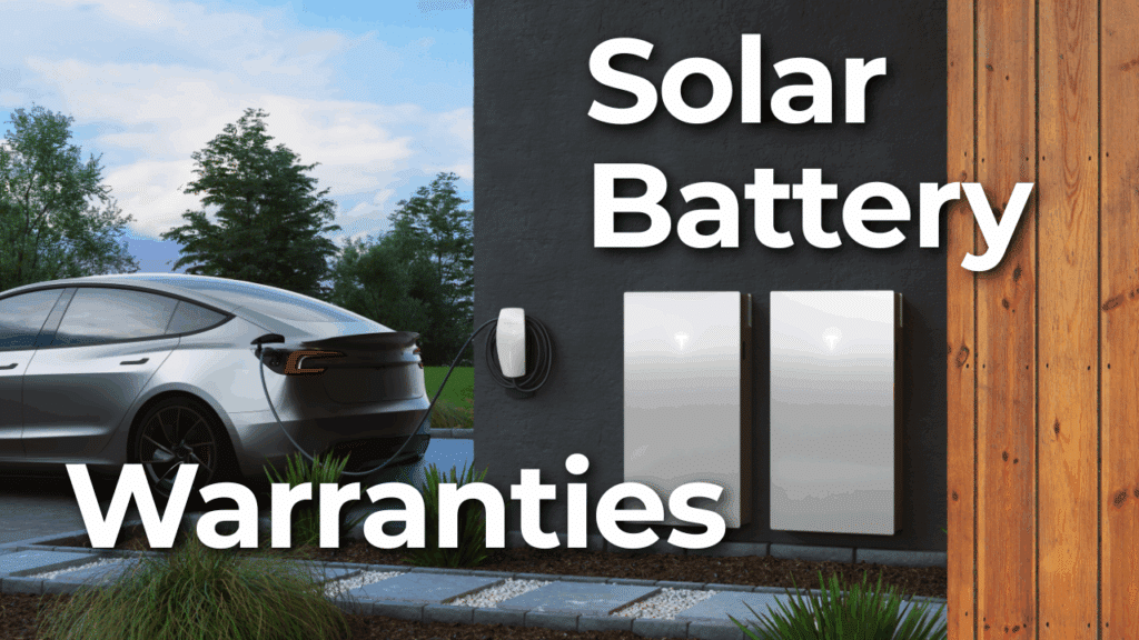 A silver electric car is parked next to a house with two wall-mounted solar batteries and a charging station. Text reads, "Solar Battery Warranties.