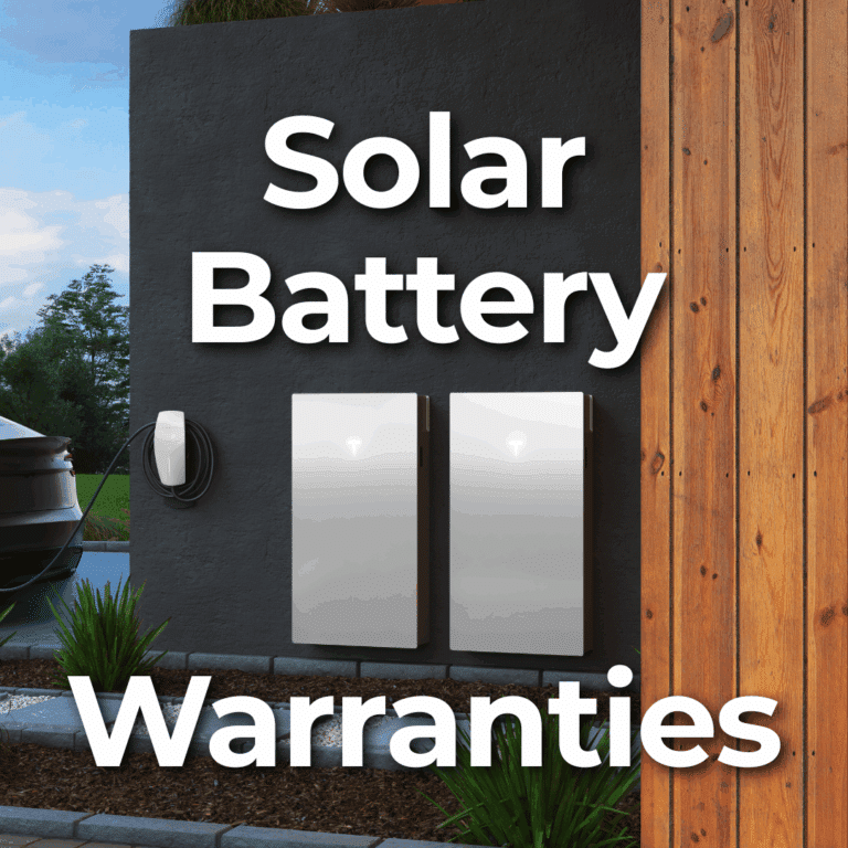 Two solar battery units mounted on an outdoor wall next to a wooden structure, with large text reading "Solar Battery Warranties.