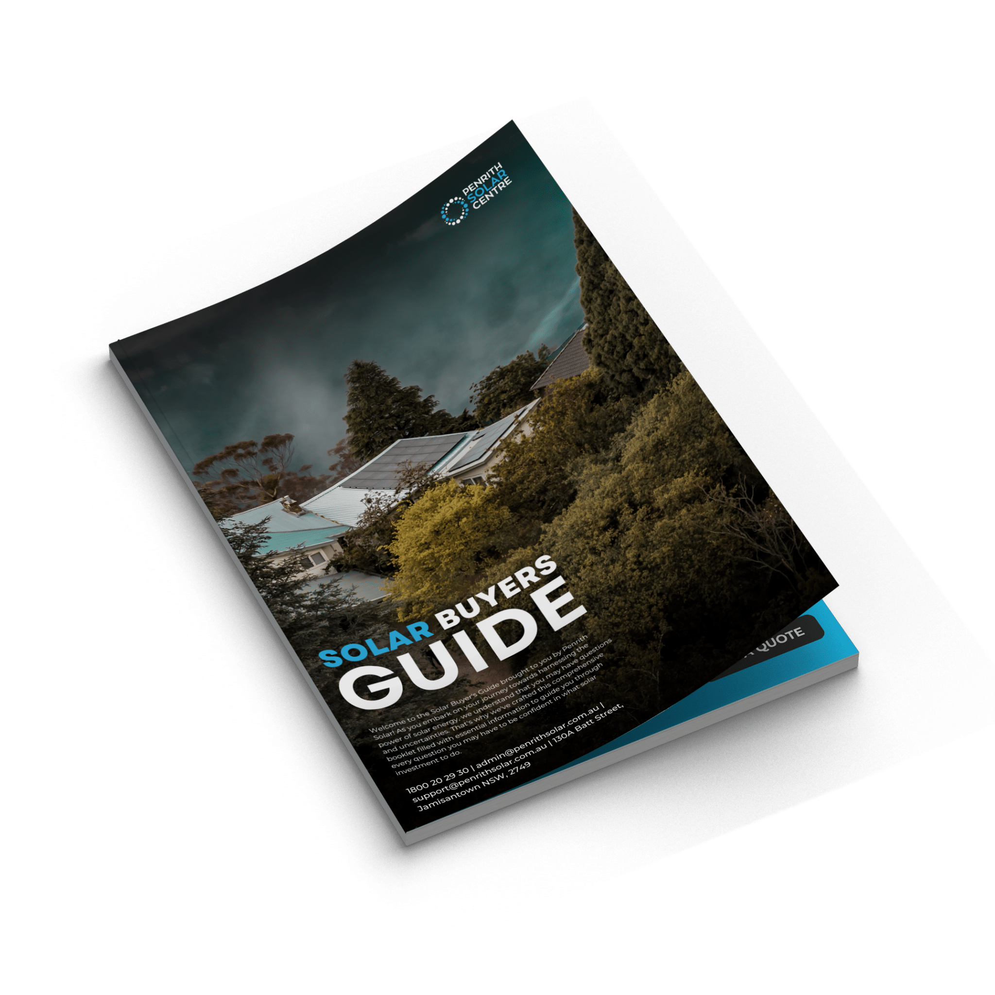 A graphic of a "solar buyers guide" brochure with an image of solar panels on a roof, displayed against a geometric black background.