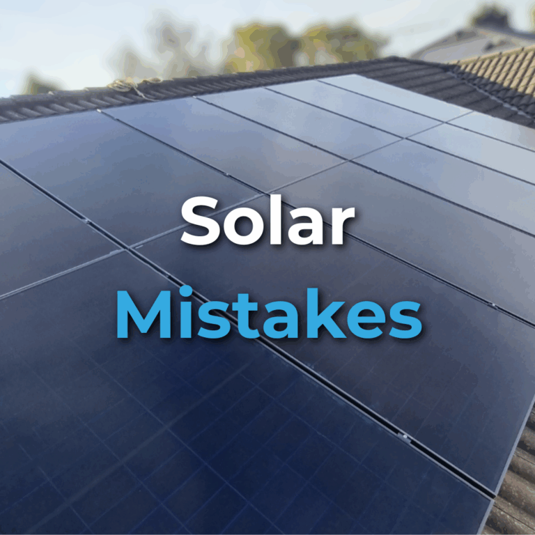 Close-up of solar panels installed on a rooftop with the words "Solar Mistakes" overlaid in white and blue text.