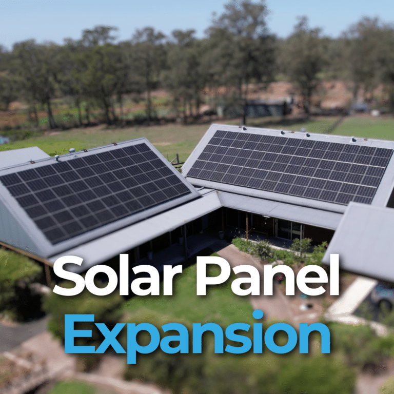 Rooftop view of a building with large solar panels installed, surrounded by trees. Text overlay reads "Solar Panel Expansion.
