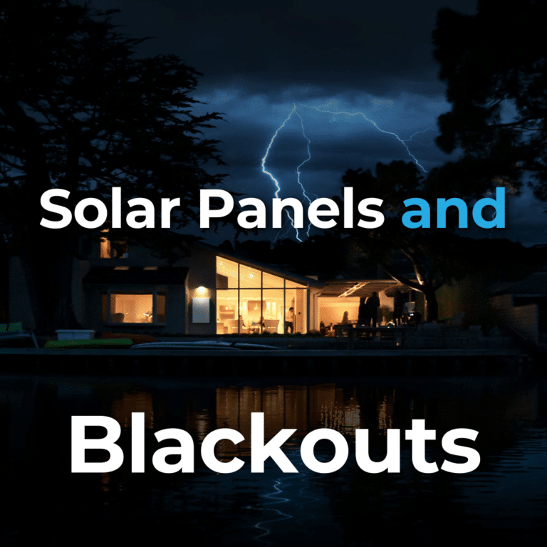 House lit at night during lightning storm, surrounded by trees and water. Text reads "Solar Panels and Blackouts" in large white letters.