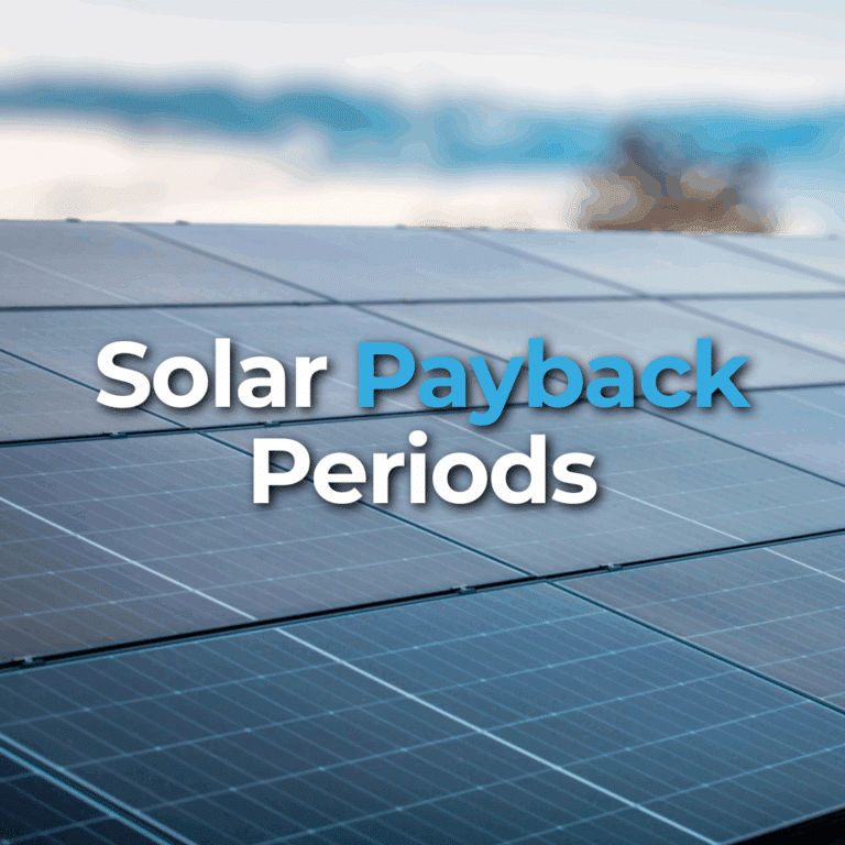 Close-up of solar panels with the words "Solar Payback Periods" overlaid in white and blue text.