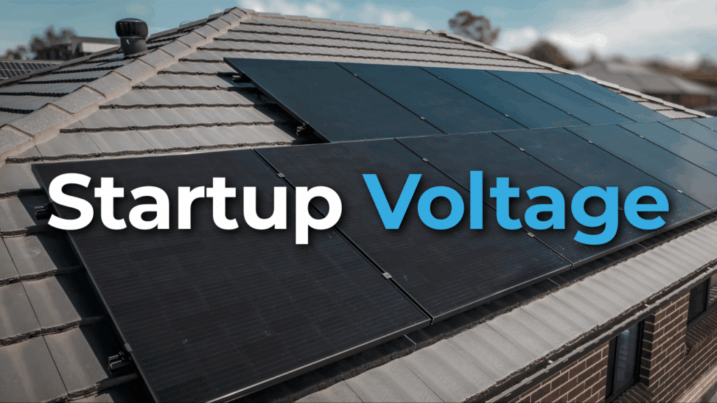 Rooftop solar panels are installed on a house under a partly cloudy sky, with the text "Startup Voltage" overlaid on the image.