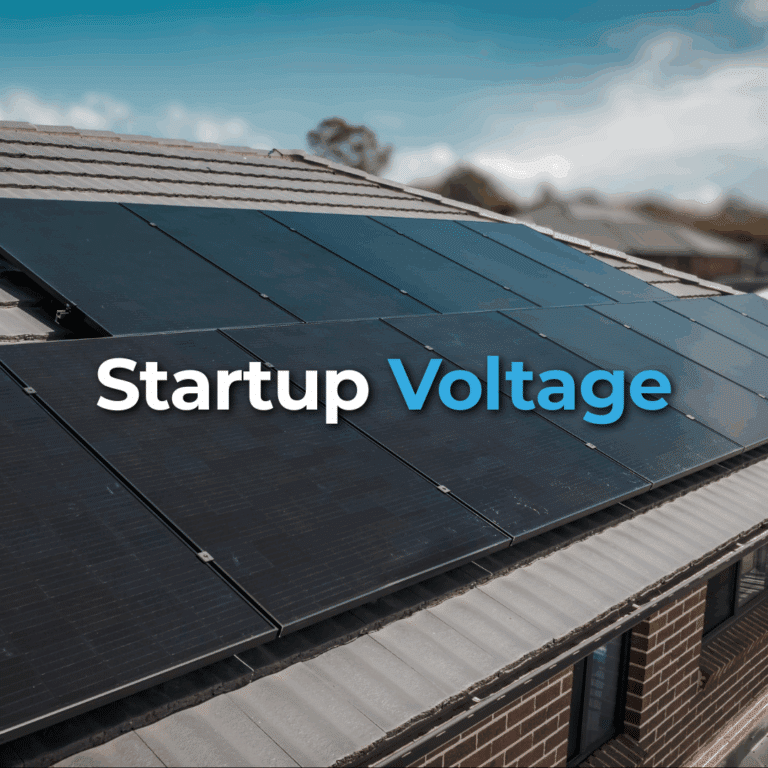Rooftop solar panels on a residential building with the words "Startup Voltage" overlaid on the image.