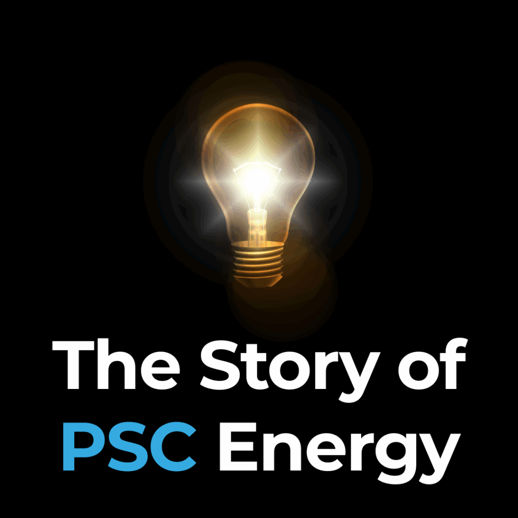 A glowing light bulb above the text "The Story of PSC Energy" on a black background, with "PSC" highlighted in blue.