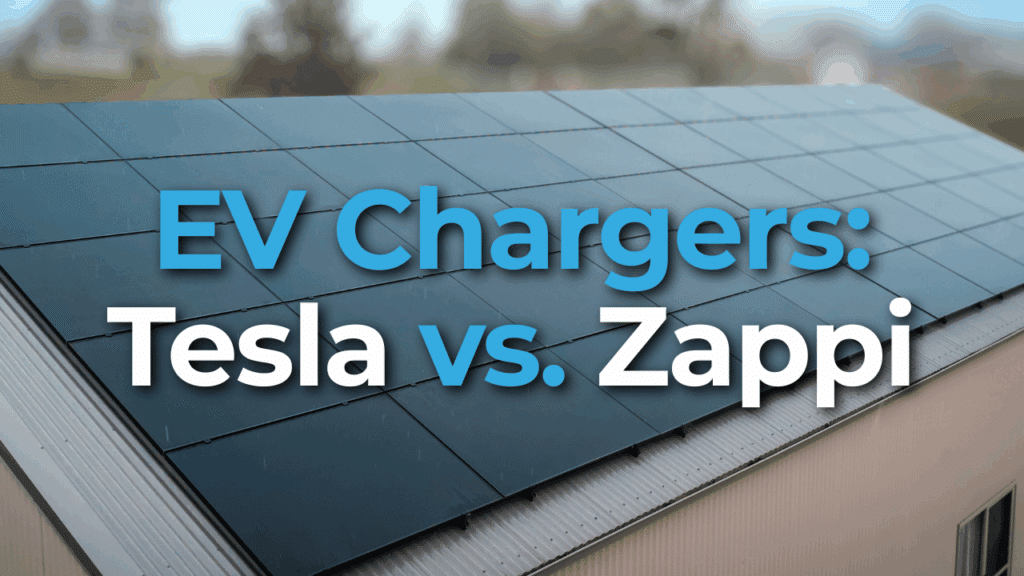 Text "EV Chargers: Tesla vs. Zappi" overlaid on a photo of a building roof with solar panels, with trees and sky blurred in the background.