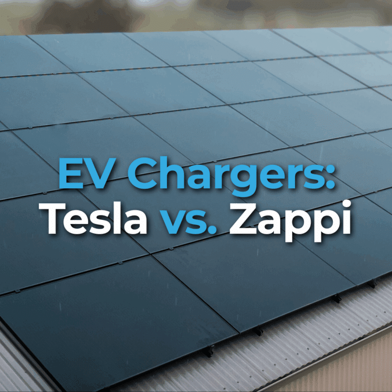 Close-up of solar panels on a roof with the text "EV Chargers: Tesla vs. Zappi" overlaid in blue and white letters.