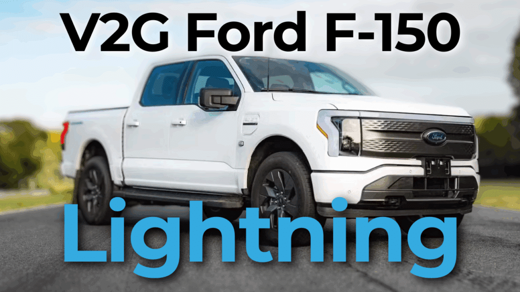 A white Ford F-150 Lightning pickup truck is parked outdoors. The text "V2G Ford F-150 Lightning" is overlaid in bold black and blue letters.
