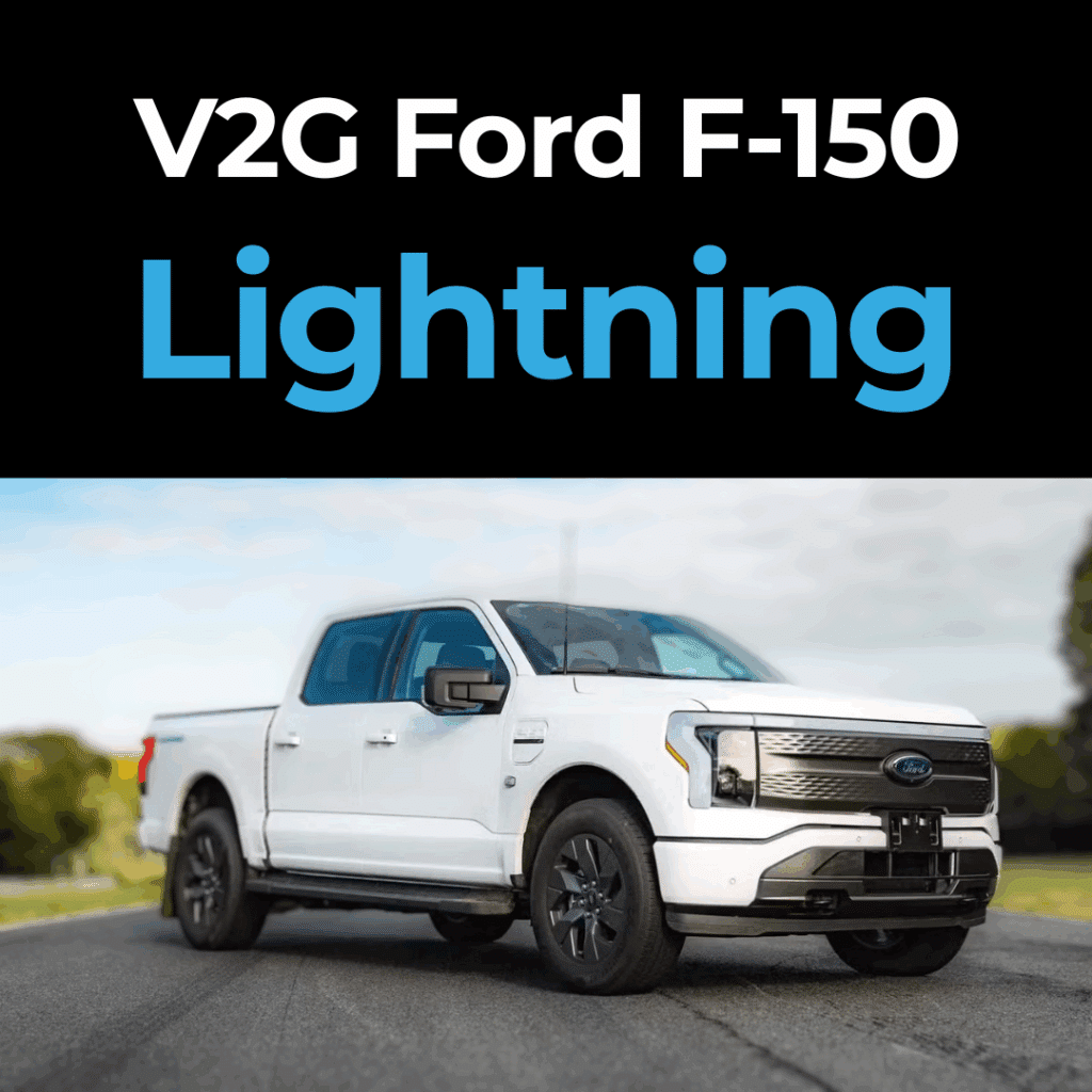 A white Ford F-150 Lightning electric pickup truck parked on a road, with "V2G Ford F-150 Lightning" text above.