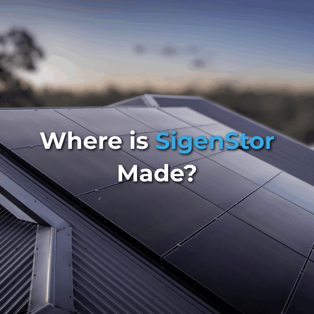 Close-up of dark solar panels installed on a sloped metal roof with blurred background, featuring the text, "Where is SigenStor Made?.